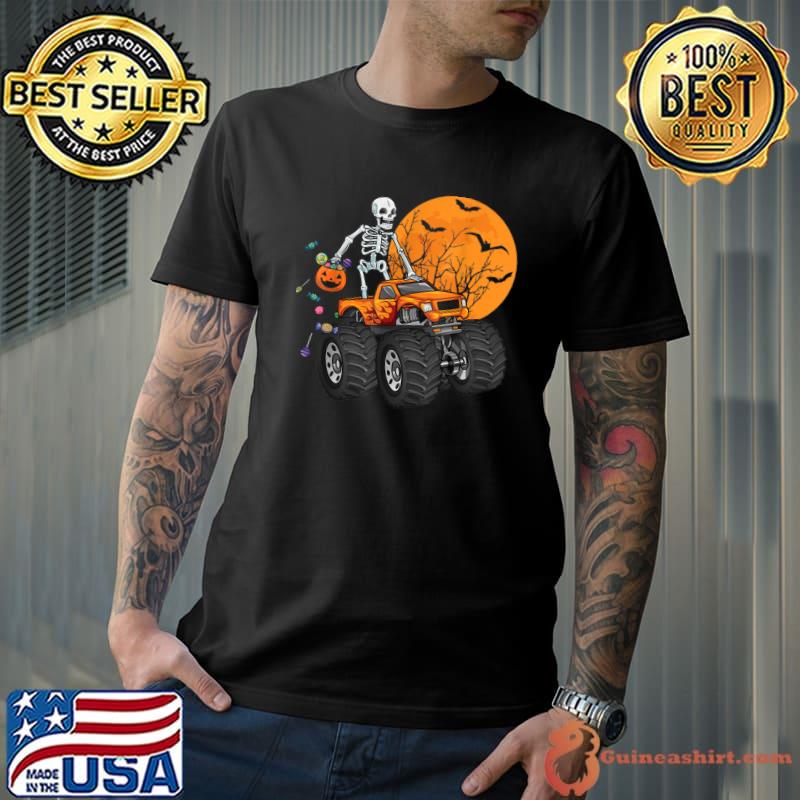 Halloween Skeleton Riding Monster Truck Blood Moon T-Shirt
