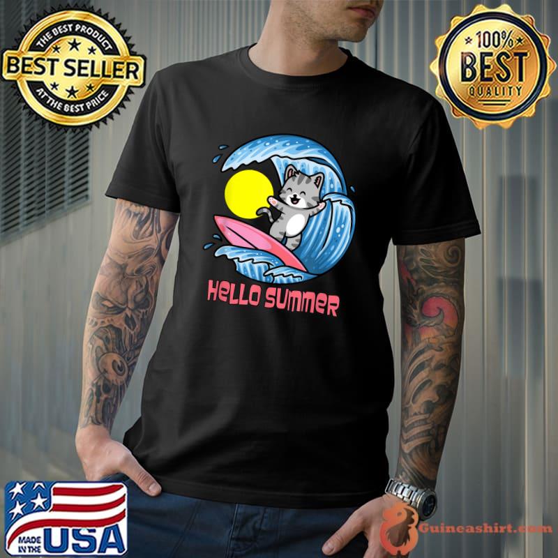 Hello Summer Cat Ocean Surfing T-Shirt