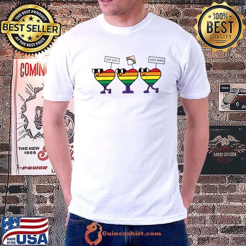 LGBTQ Say Gay Love Wins Smiling Walking Rainbow Hearts T-Shirt
