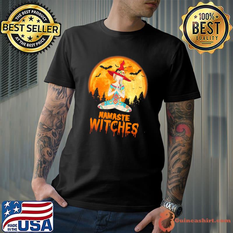 Namaste witches yoga girl full moon witch yoga meditation halloween shirt