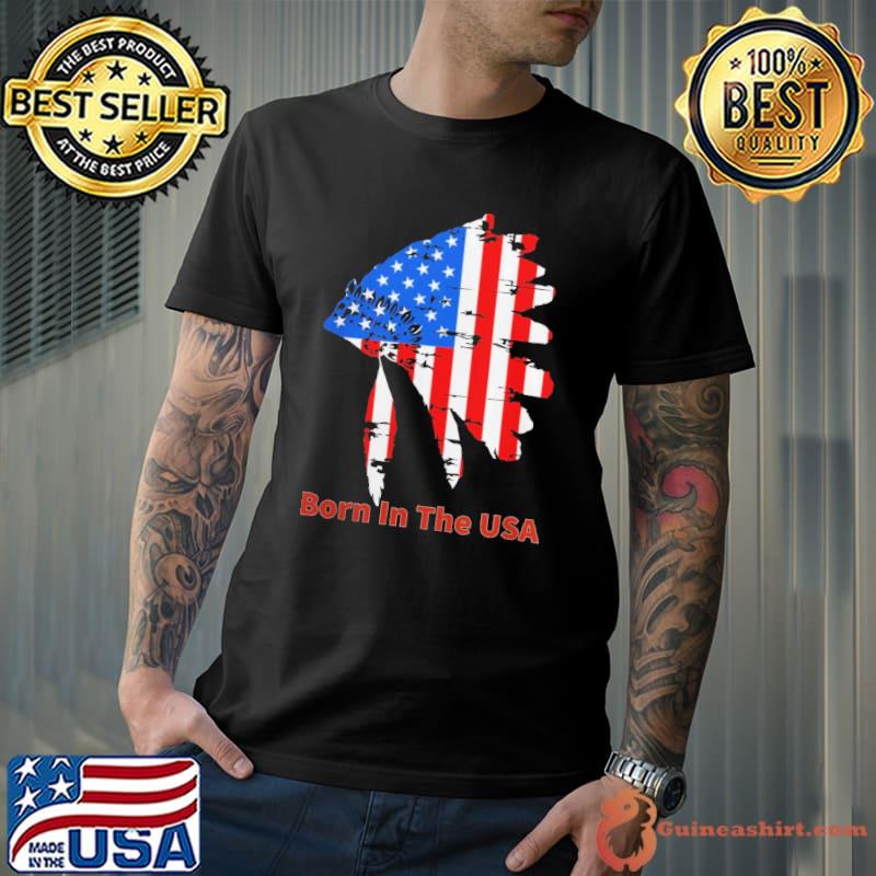 Native American headdress and born in the usa flag shirt