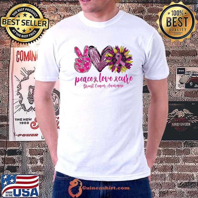 Peace love cure pink leopard sunflower breast cancer shirt
