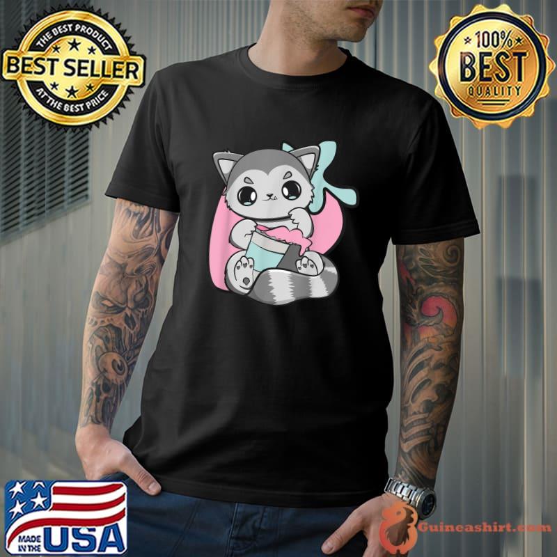 Racoon Drinking Bubble Tea And Boba With Strawberry Milk T-Shirt