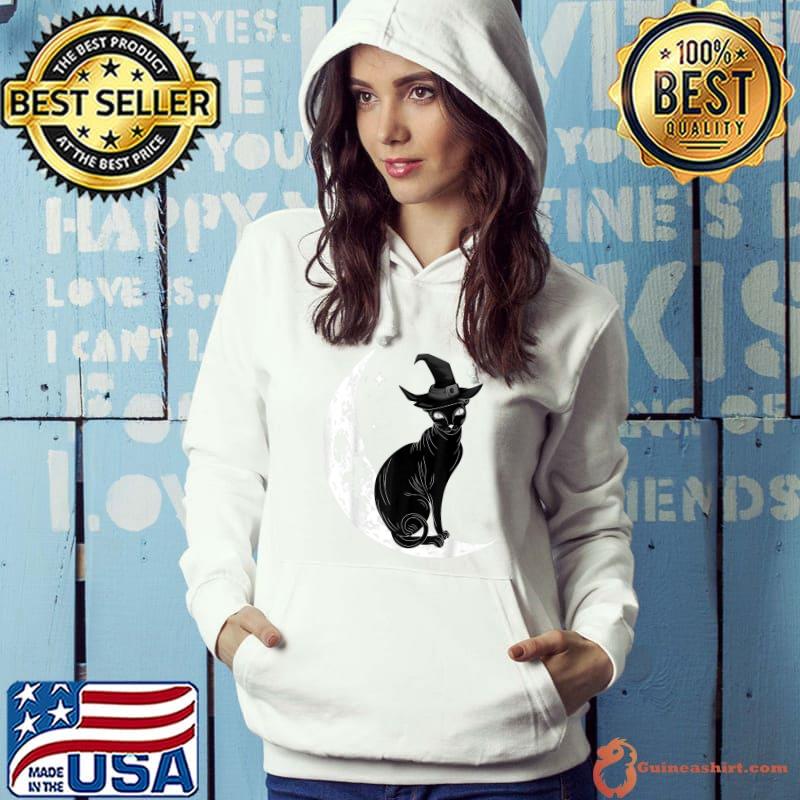 Black Cat With Witch Hat & Moon Halloween Costume Day T-Shirt Hoodie