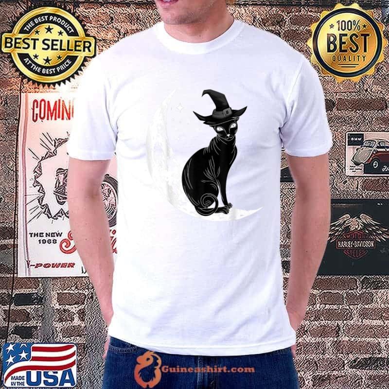 Black Cat With Witch Hat & Moon Halloween Costume Day T-Shirt