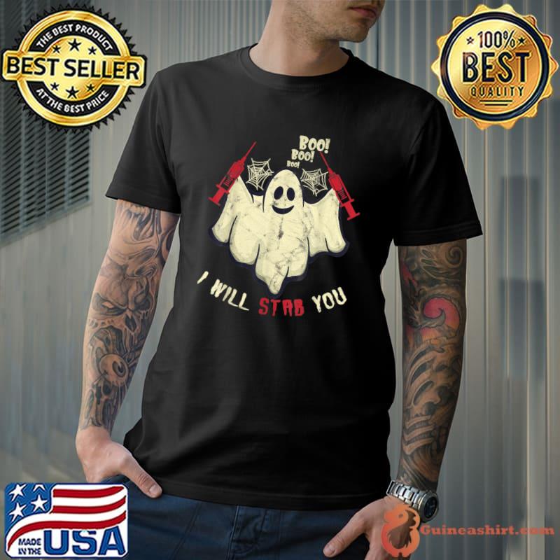 Boo I Will Stab You Spooky Red Needle Ghost Halloween T-Shirt