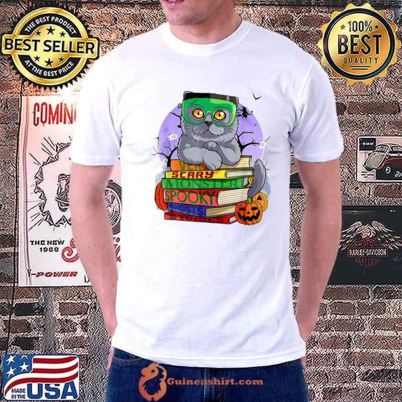 British Shorthair Cat Frankenstein Halloween Witch Pumpkin Moon T-Shirt Unisex