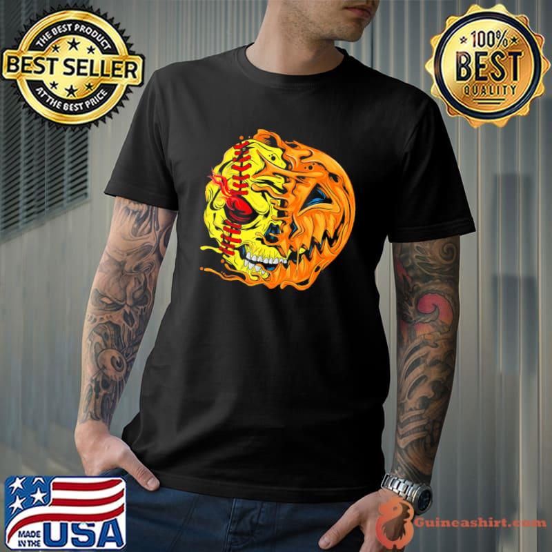 Funny halloween softball player halloween pumpkin skeleton skull shirt