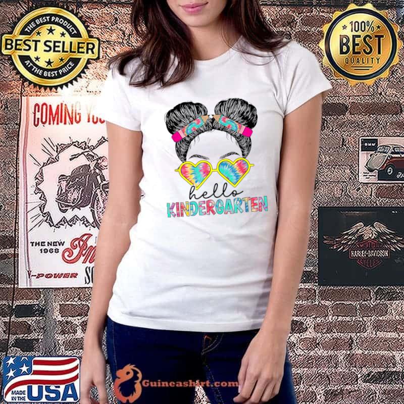 Hello Kindergarten Little Miss Back To School Sunglasses Pencils Tie Dye T-Shirt Ladiestee