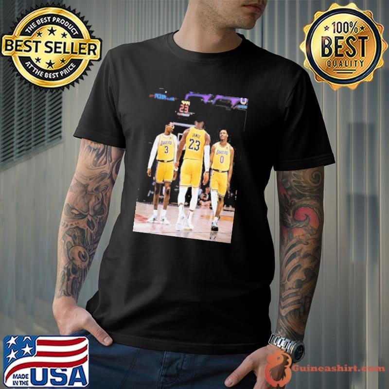 Lebron james with bronny and bryce in los angeles Lakers sport shirt