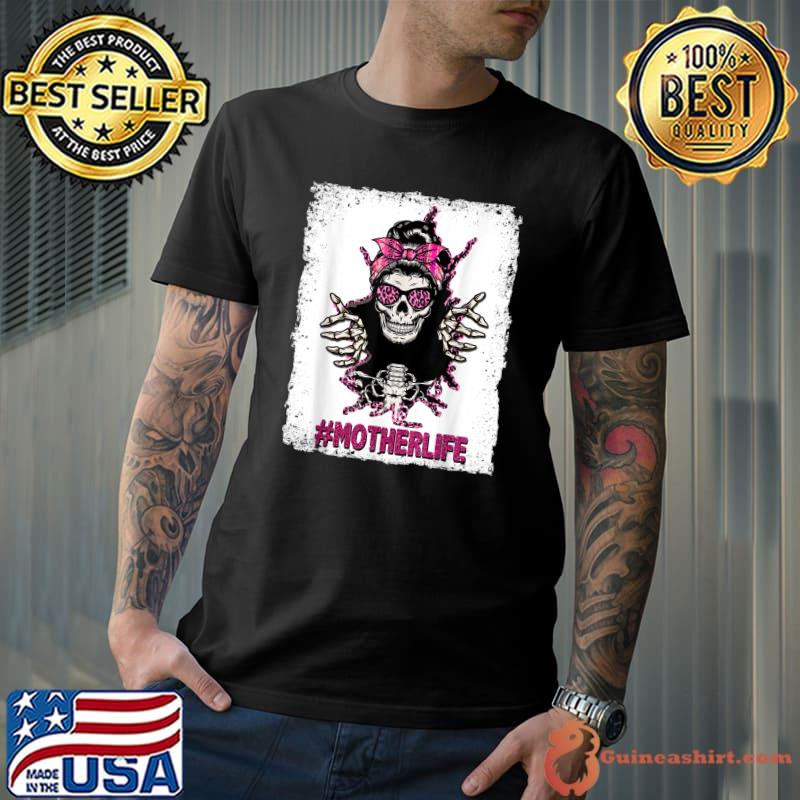 Motherlife Breast Cancer Awareness Messy Bun Sunglass Leopard Halloween T-Shirt