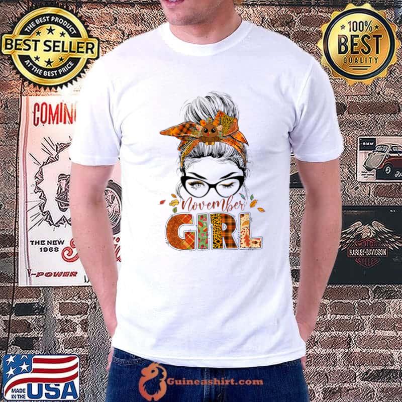 November Girl Leopard Messy Bun Hair Turkey Thanksgiving T-Shirt
