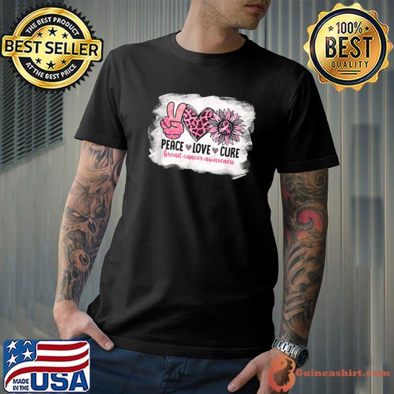 Peace Love Cure Breast Cancer Awareness High Hand Heart Leopard Sunflower Ribbon T-Shirt