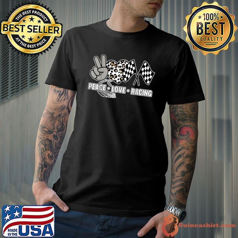 Peace Love Racing High Hand Heart Leopard Race Flag T-Shirt
