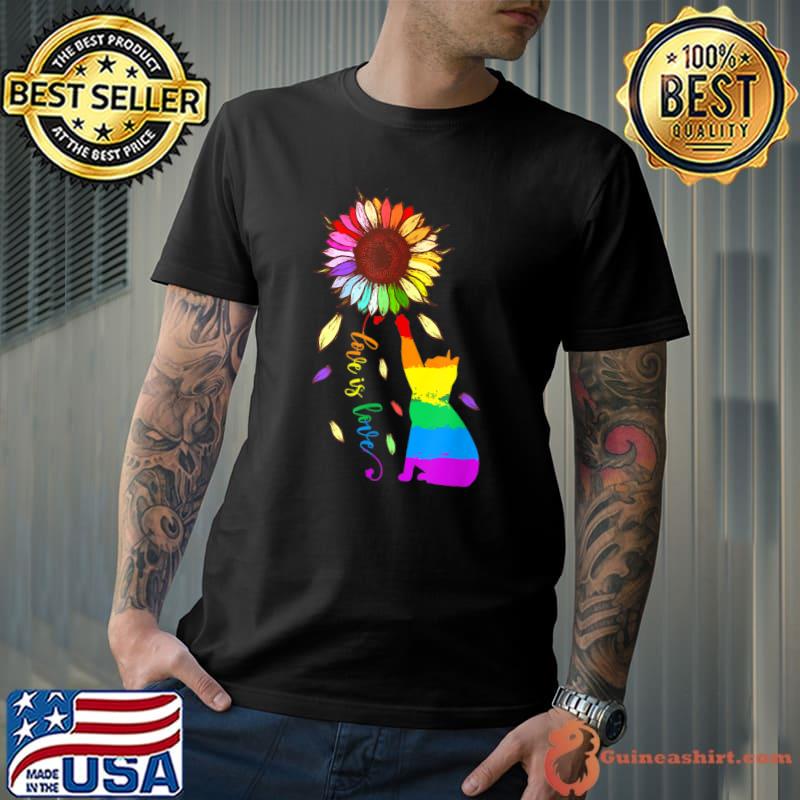 Rainbow Sunflower Cat Love Is Love Lgbt Gay Lesbian Pride T-Shirt