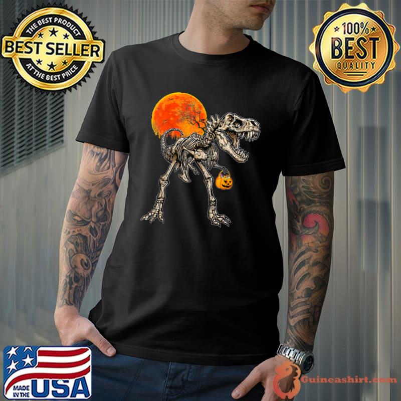 Skeleton Dinosaur T rex Boys Halloween Mummy Blood Moon Pumpkin T-Shirt