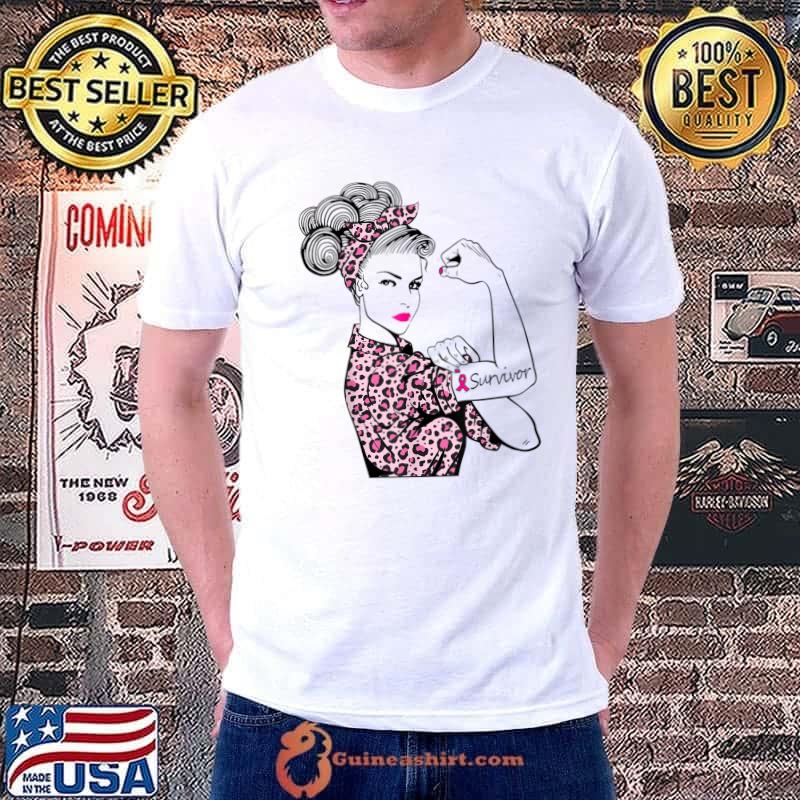 Strong Wommen Leopard Breast Cancer Survivor Rosie Riveter Pink Awareness T-Shirt