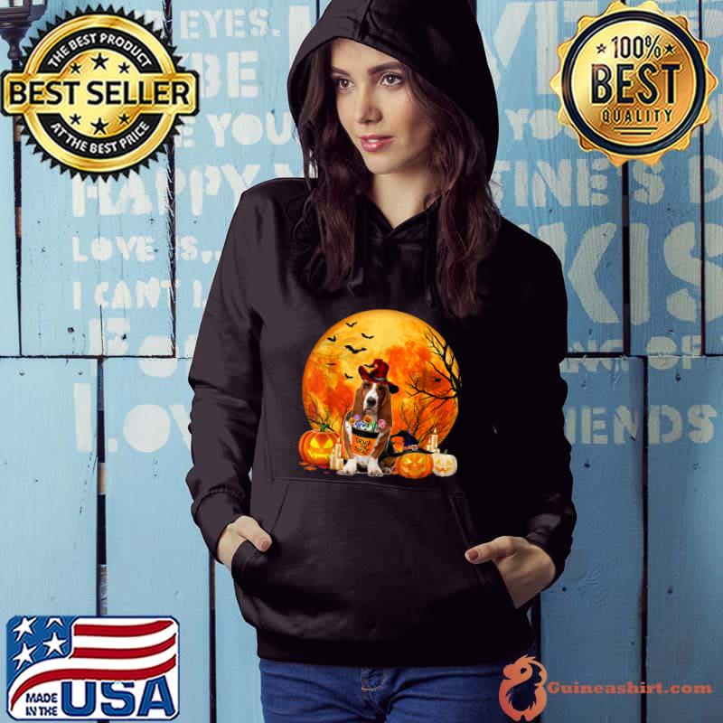 Basset Hound Dog Witch Pumpkin Halloween Costume Blood Moon T-Shirt Hoodie