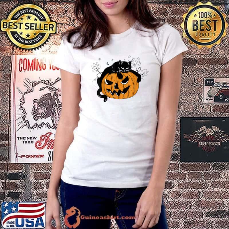 Black Cat On Pumpkin Halloween T-Shirt