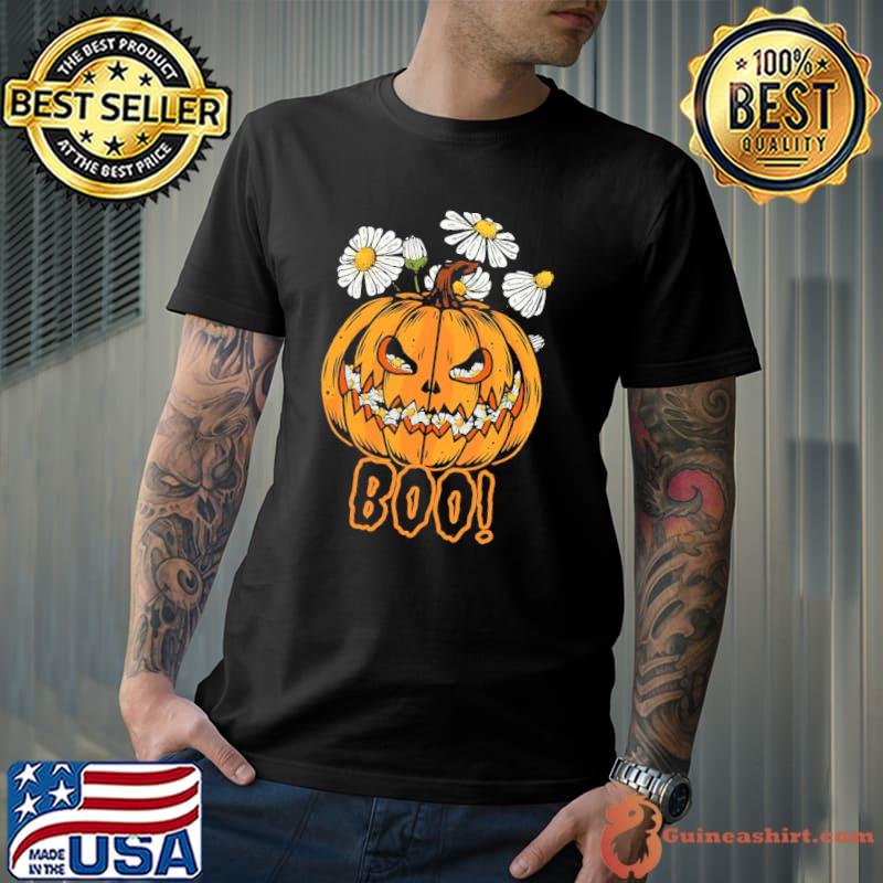 Boo pattern halloween pumpkin and flower shirt