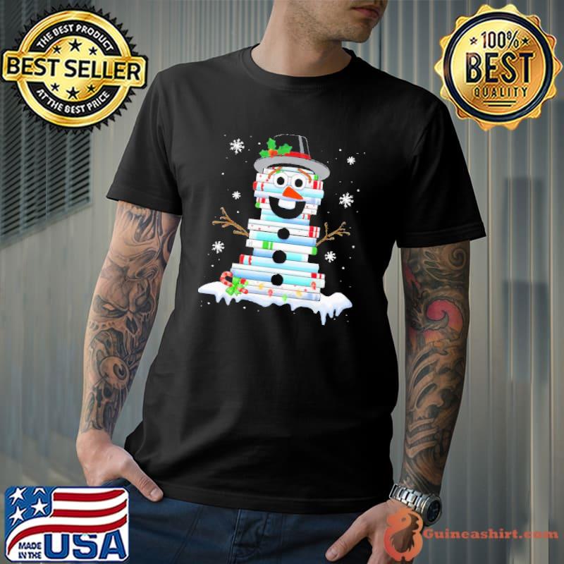Book stack librarian book christmas snowman shirt