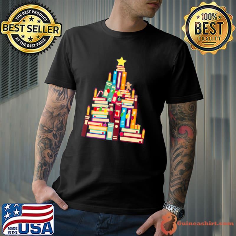 Book tree christmas light shirt