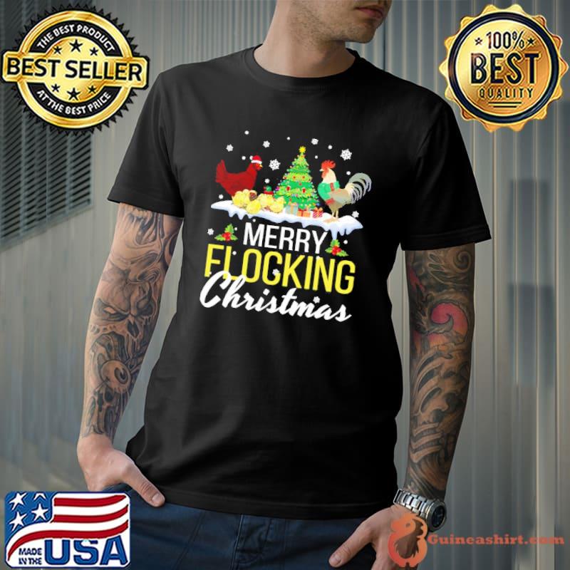 Chicken noel hats dancing on snow merry flocking christmas shirt