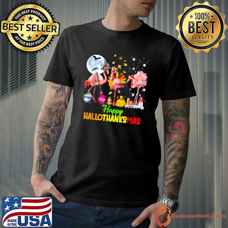 Flamingo Moon Happy HalloThanksmas Halloween Thanksgiving T-Shirt