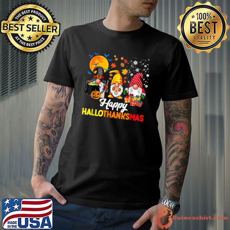 Gnomes Bats Blood Moon Halloween Thanksgiving Christmas Happy Hallothanksmas T-Shirt