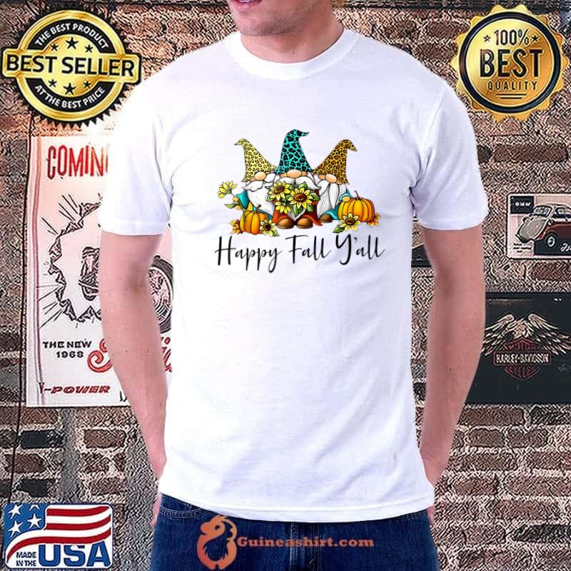 Happy Fall Y'all Cute Autumn Gnome Leopard Pumpkin Sunflower T-Shirt