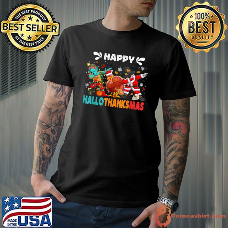 Happy Hallothanksmas Halloween Thanksgiving Christmas Mixing Turkey Santa Dabbing T-Shirt