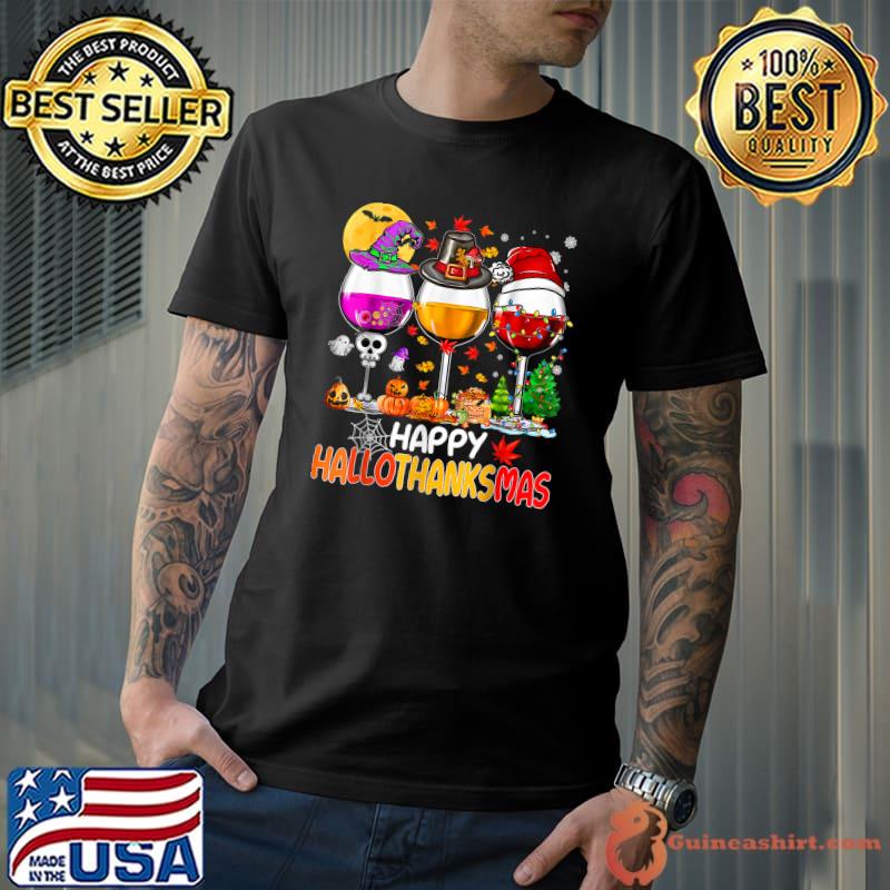 Happy Hallothanksmas Wine Glasses Blood Moon Witch Santa Hat Pumpkin T-Shirt