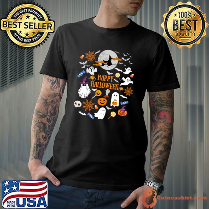 Happy Halloween Witch Ghosts Bats Spider Moon T-Shirt