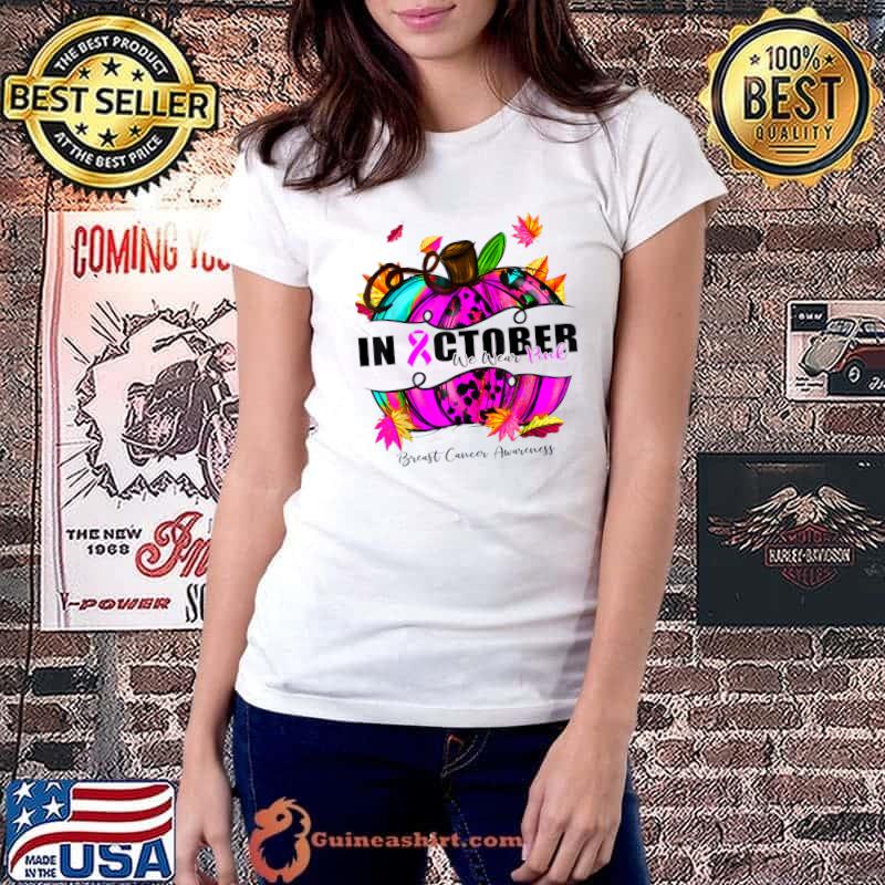 In October We Wear Breast Cancer Awareness Pumpkin Leopard T-Shirt