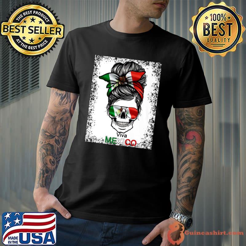 Mexico Halloween Skull Messy Bun Hair Mexican Flag Pride T-Shirt