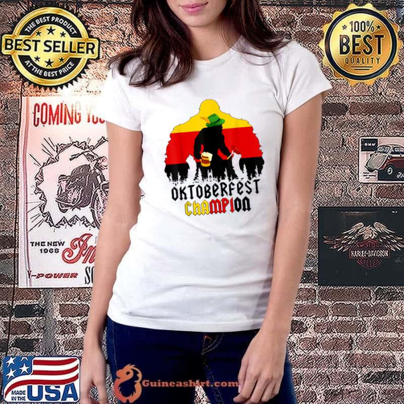 Oktoberfest Champion Beer And Sausage Bigfoot German Flag T-Shirt Ladiestee