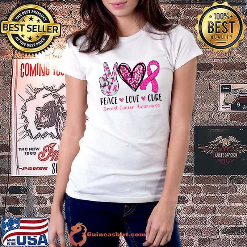 Peace Love Cure Pink Ribbon Cancer Breast Awareness High Hand Heart Ribbon T-Shirt