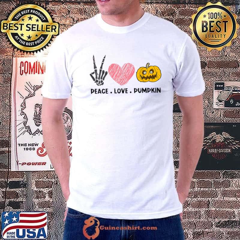 Peace Love Pumpkin Hand Skeleton Heart Halloween T-Shirt