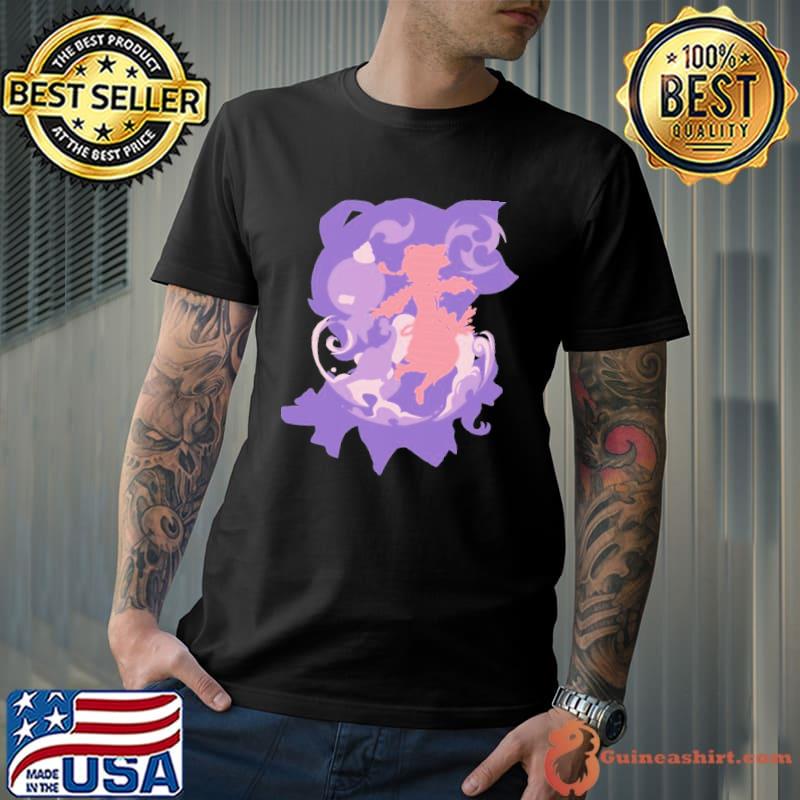 Pink silhouette of dorI from genshin impact game in double exposure technique shirt