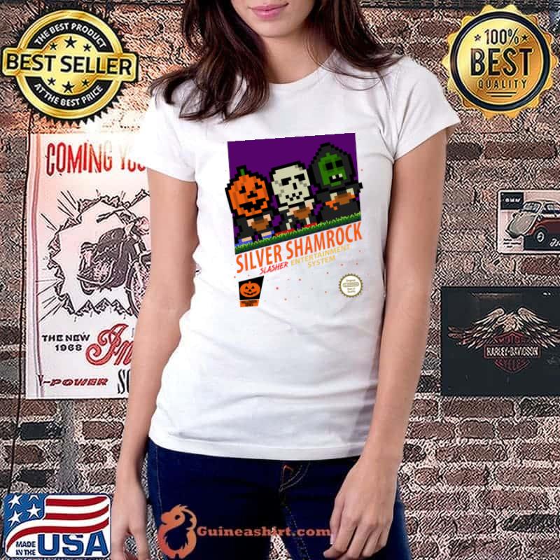Silver Shamrock Slasher Man Entertainment System Retro Gaming T-Shirt Ladiestee