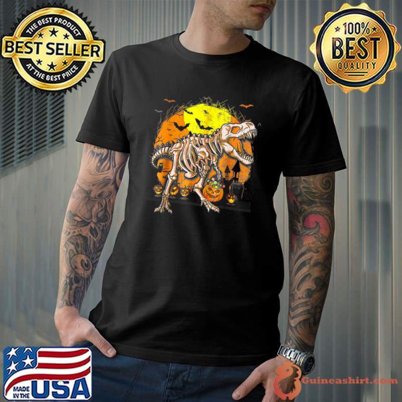 Skeleton Dinosaur T rex Boys Halloween Mummy Pumpkin Bats Moon T-Shirt