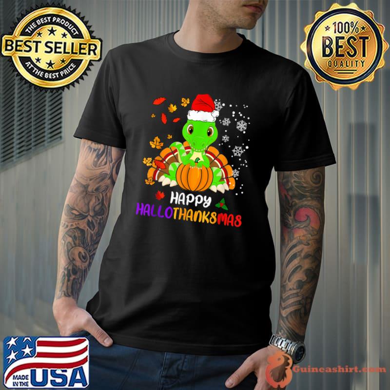 Trex Dinosaur Turkey With Hat Santa Thanksgiving Christmas Happy HalloThanksmas T-Shirt