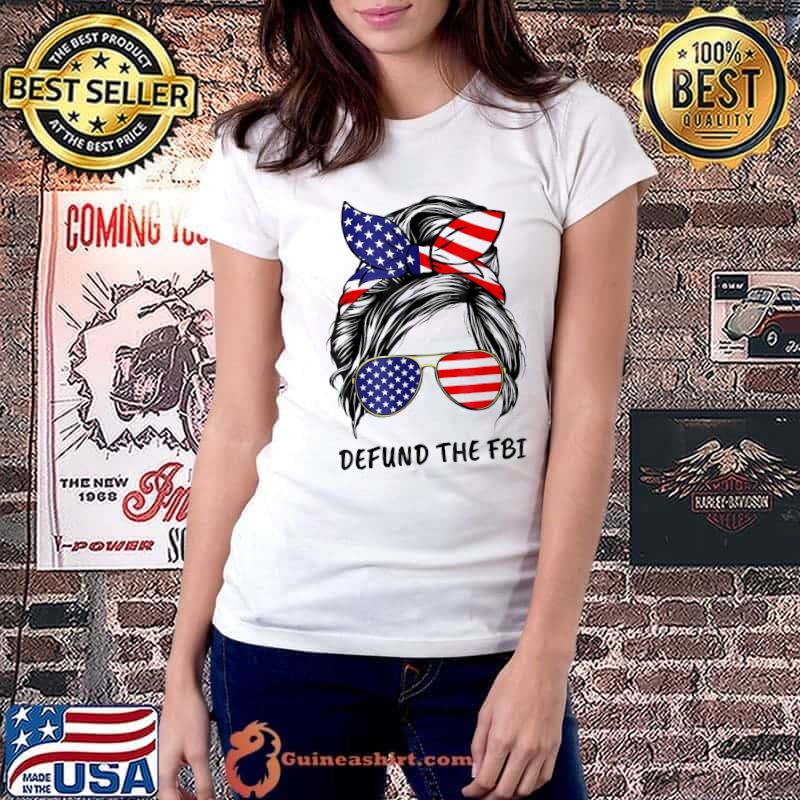 Vintage messy hair bun Trump defund the fbI American flag s Ladiestee
