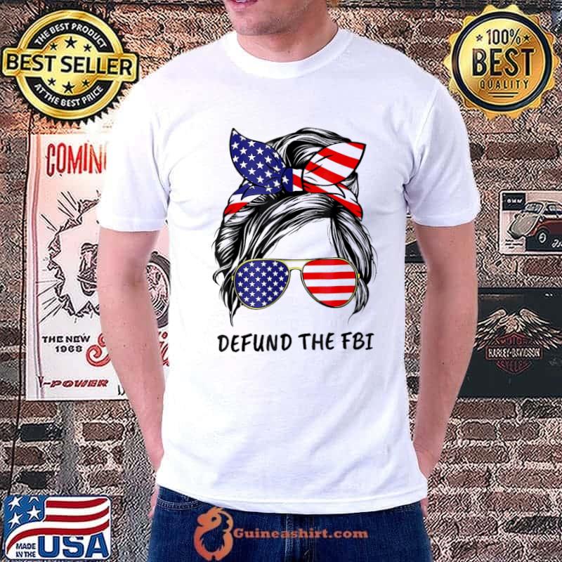 Vintage messy hair bun Trump defund the fbI American flag shirt