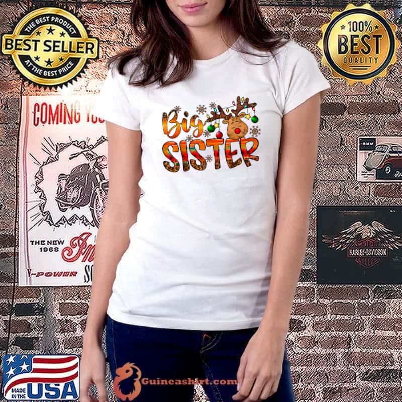 Big Sister Reindeer Retro Merry Christmas Western Leopard T-Shirt Ladiestee