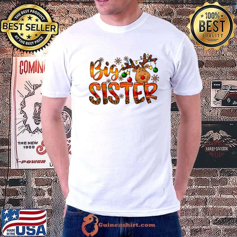 Big Sister Reindeer Retro Merry Christmas Western Leopard T-Shirt