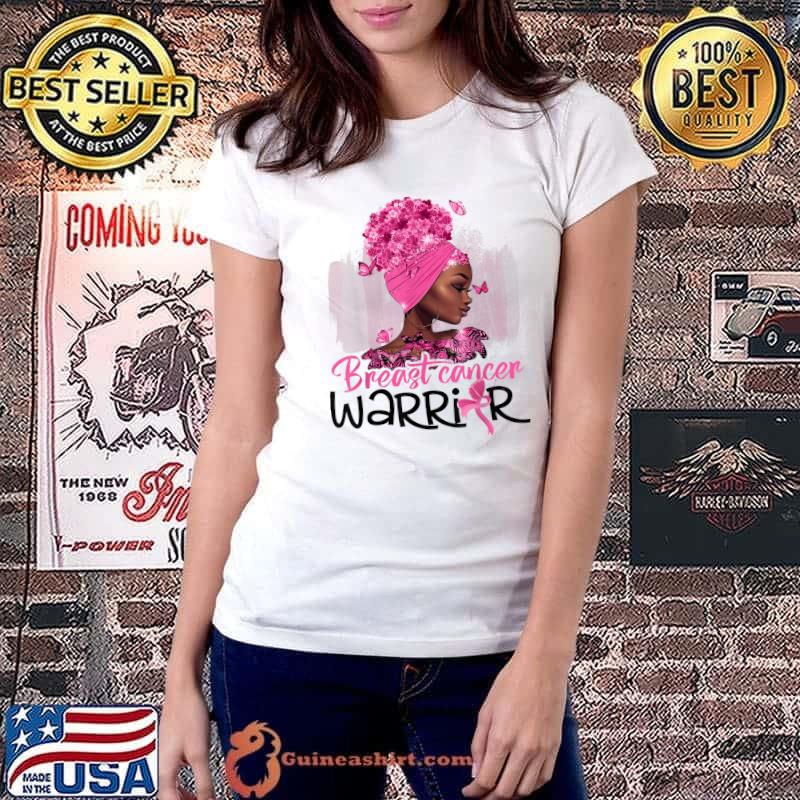 Black Woman In October We Wear Pink Breast Cancer Awareness With Flowers And Butterflies T-Shirt Ladiestee