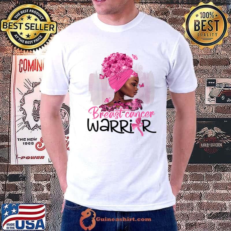 Black Woman In October We Wear Pink Breast Cancer Awareness With Flowers And Butterflies T-Shirt