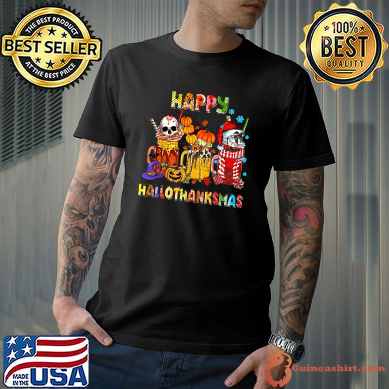 Coffee Skull Pumpkin Santa Hat Halloween Thanksgiving Christmas Happy Hallothanksmas T-Shirt