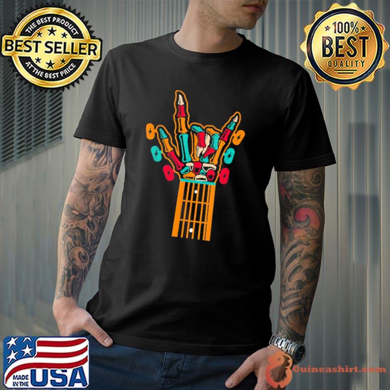 Colorful rock and roll guitar hand gesture skeleton guitar hand gesture shirt